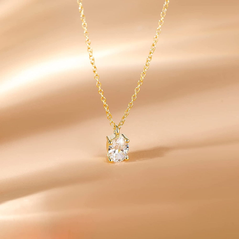 1.5ct Oval CZ Solitaire Pendant Necklace - Sterling Silver & 14K Gold Plated CZ Necklace for Women