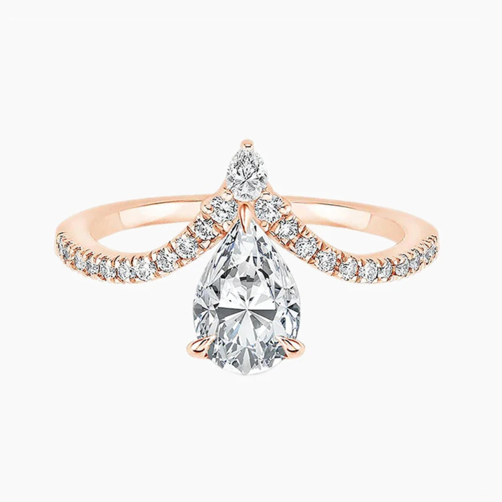 2ct CZ Droplet Engagement Ring - 925 Sterling Silver & Rose Gold CZ Wedding Band for Women