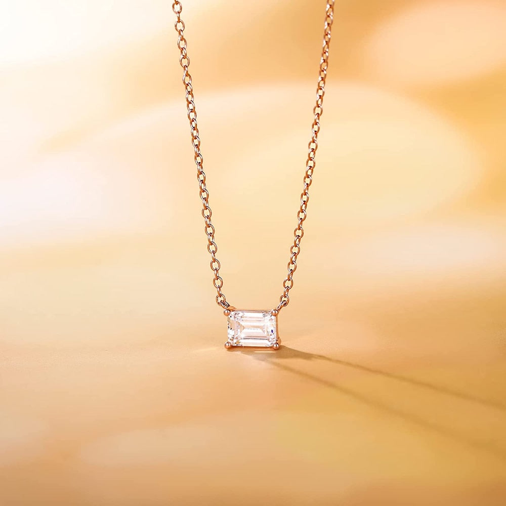 1ct Emerald Cut CZ Solitaire Pendant Necklace - Sterling Silver & 14K Gold Plated CZ Necklace for Women