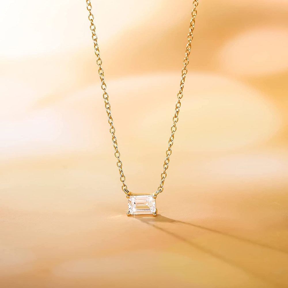 1ct Emerald Cut CZ Solitaire Pendant Necklace - Sterling Silver & 14K Gold Plated CZ Necklace for Women