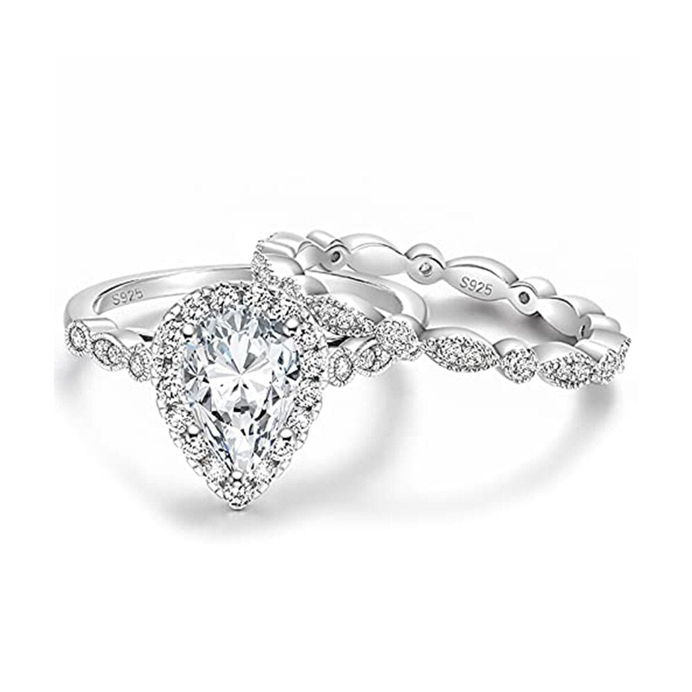 1.5ct CZ Teardrop Bridal Ring Set - Sterling Silver Vintage Engagement & Promise Rings for Women