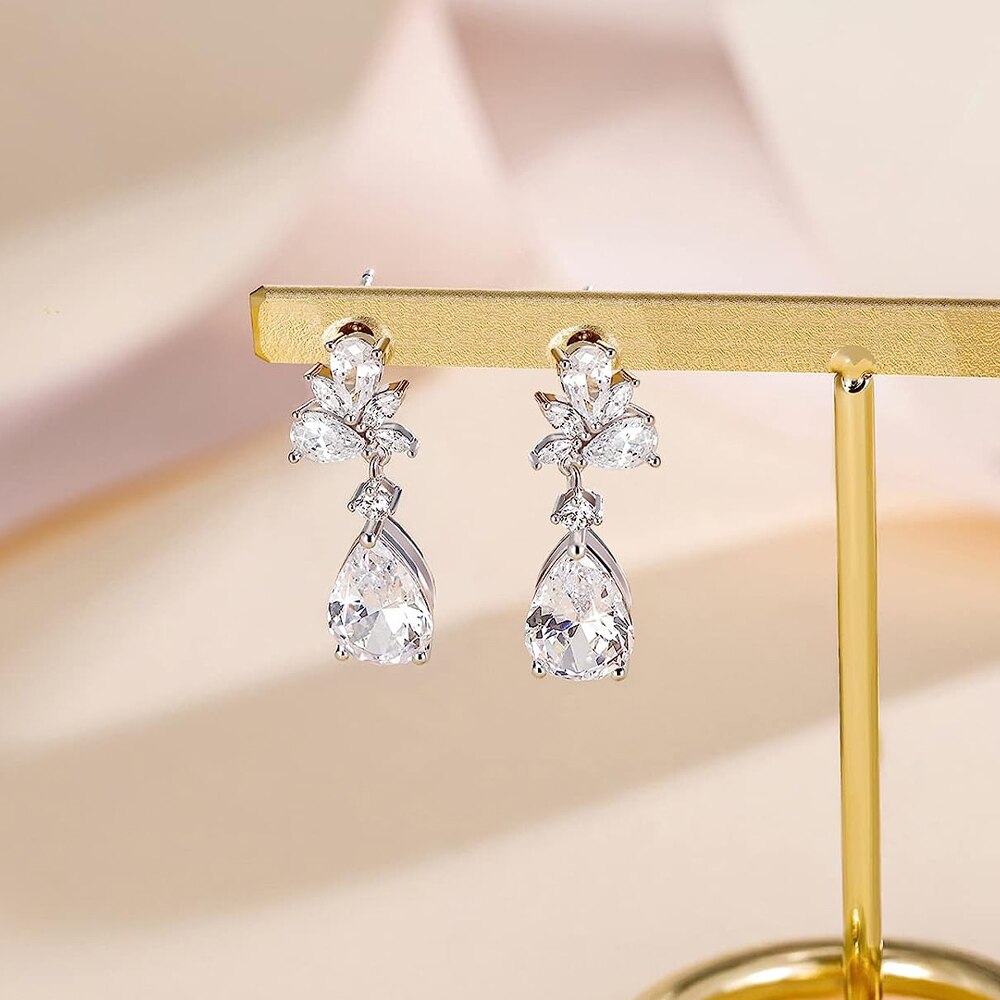 Water Drop CZ Dangle Earrings - Cubic Zirconia Bridal Wedding Jewelry Set