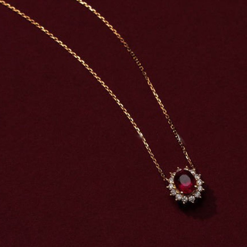 Ruby CZ Pendant Necklace - 925 Sterling Silver & 18K Gold Plated Retro CZ Necklace for Women