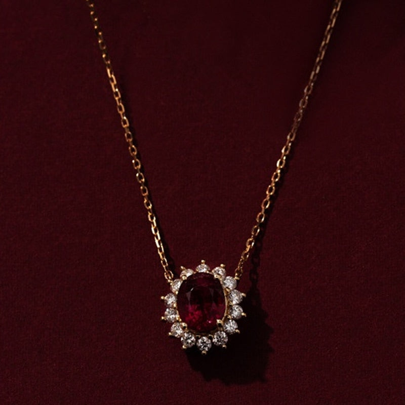 Ruby CZ Pendant Necklace - 925 Sterling Silver & 18K Gold Plated Retro CZ Necklace for Women