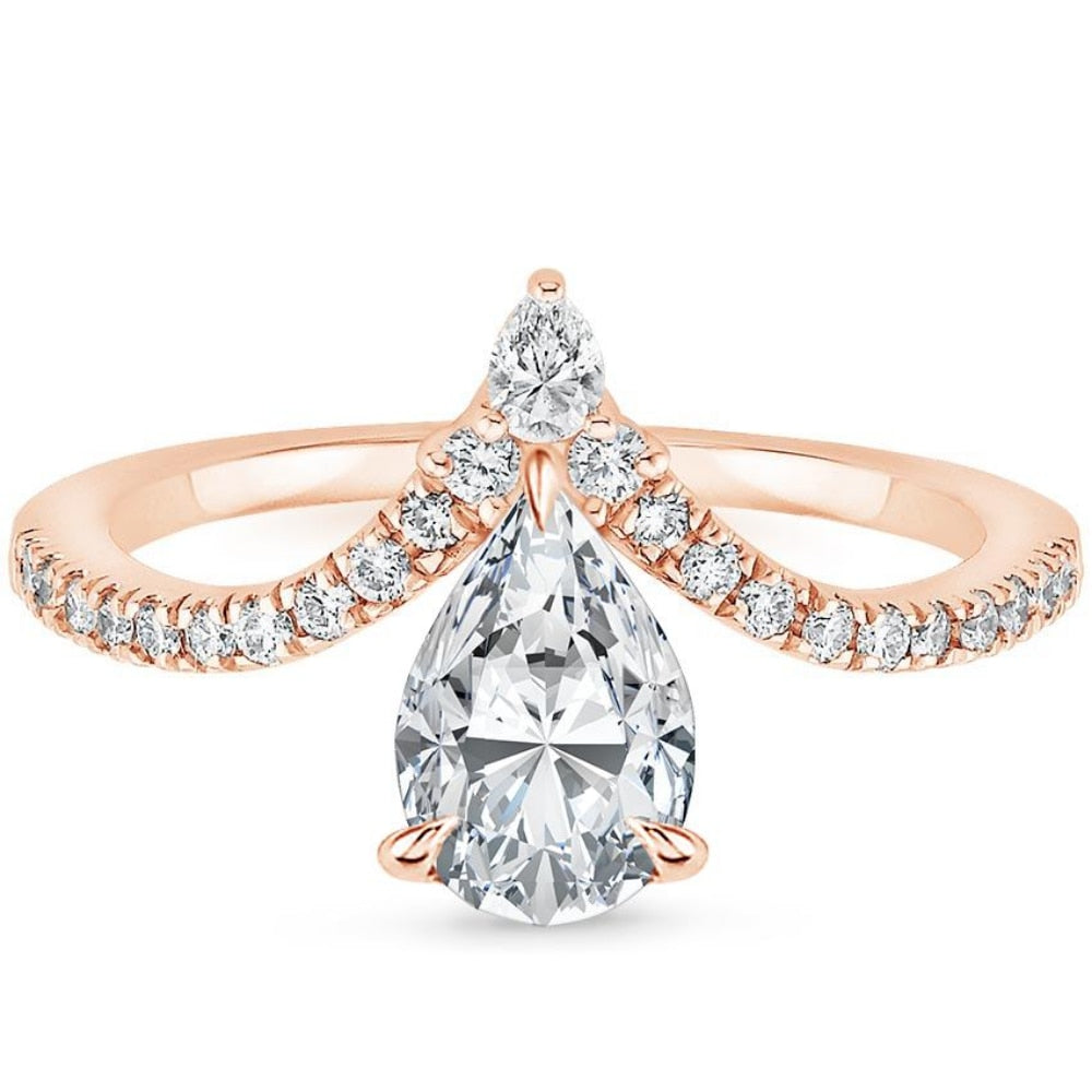 2ct CZ Droplet Engagement Ring - 925 Sterling Silver & Rose Gold CZ Wedding Band for Women